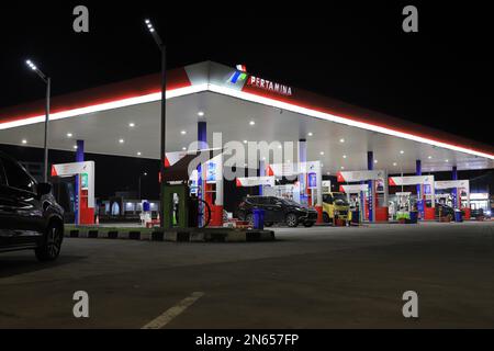 Ngawi, Indonesia - March 05, 2021. The gas station is owned by Pertamina, an Indonesian state-owned oil company Stock Photo