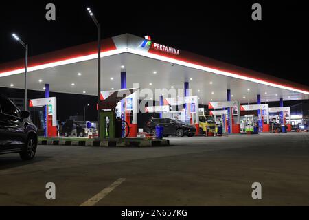 Ngawi, Indonesia - March 05, 2021. The gas station is owned by Pertamina, an Indonesian state-owned oil company Stock Photo