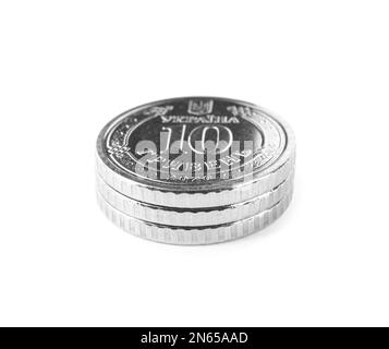 Ukrainian coins isolated on white. National currency Stock Photo