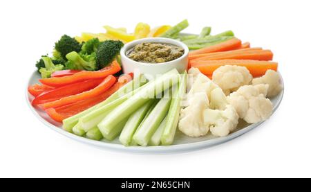 Plate with celery sticks, other vegetables and dip sauce isolated on ...