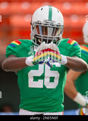 Hawaii defensive back Kwamane Bowens 26 shows off his rainbow