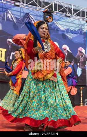 A Tribal woman of Uttarakhand wearing traditional attire dancing in ...