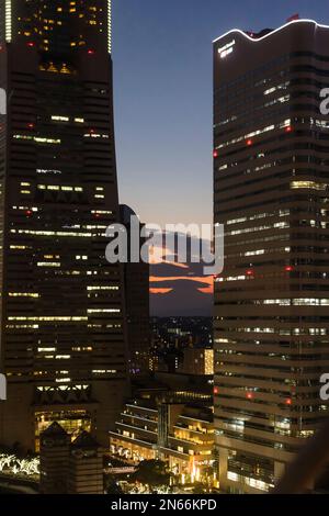 Silhouette of Mount Fuji between skyscrapers, from Ferris wheel, MInatomirai, Yokohama city, Kanagawa province, Japan, East Asia, Asia Stock Photo