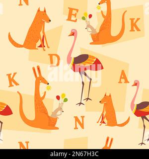 Animal characters and letters from alphabet, abc learning for kids. Kangaroo and ostrich, wolf or fox personage. Seamless pattern, wallpaper or backgr Stock Vector