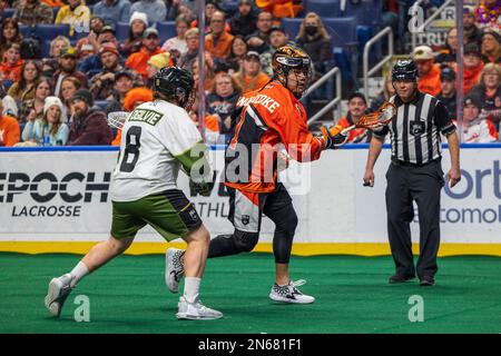 February 4th, 2023: Buffalo Bandits forward Tehoka Nanticoke (1) runs with the ball in the first quarter against the Rochester Knighthawks. The Buffalo Bandits hosted the Rochester Knighthawks in an National Lacrosse League game at KeyBank Center in Buffalo, New York. (Jonathan Tenca/CSM) Stock Photo