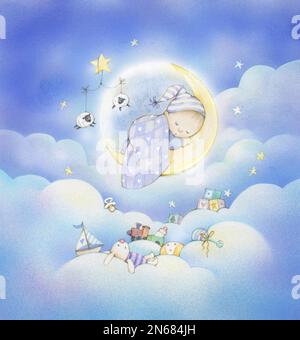 cute baby illustration sleeping in dreamland with clouds & toys Stock Photo