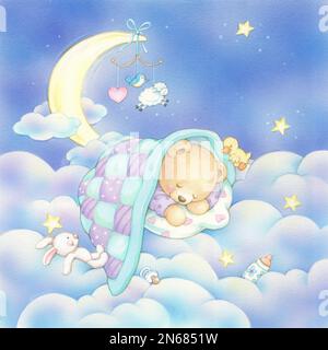 Sleeping Baby Teddy on cloud with moon & stars hand drawn illustration Stock Photo