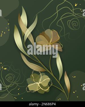 Flower abstract design. Summer abstract green flower element in elegant golden design. Vector illustration summer abstract background. Stock Vector