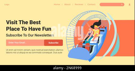 Subscribe to our newsletter and visit best place to have fun. Rollercoasters and recreations, amusement park or fairs. Website landing page template, Stock Vector