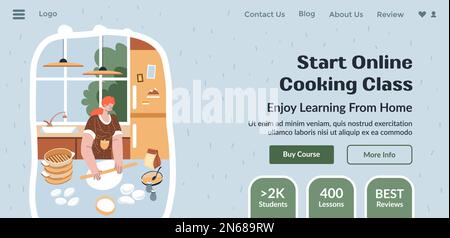 Learn how to cook and start an online cooking class. Lessons and tips for beginners, buy course and study from home. Website landing page template, on Stock Vector
