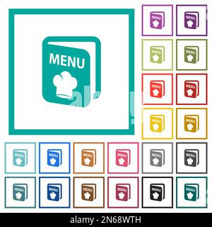 Menu with chef hat flat color icons with quadrant frames on white background Stock Vector