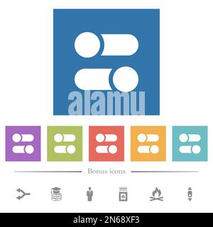 Horizontal toggle switches solid flat white icons in square backgrounds. 6 bonus icons included. Stock Vector
