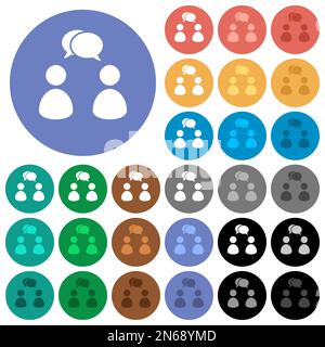 Two talking persons with oval bubbles solid multi colored flat icons on round backgrounds. Included white, light and dark icon variations for hover an Stock Vector