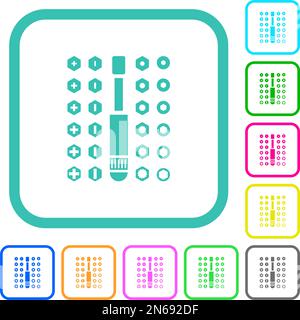 Set of screwdriver bits vivid colored flat icons in curved borders on white background Stock Vector