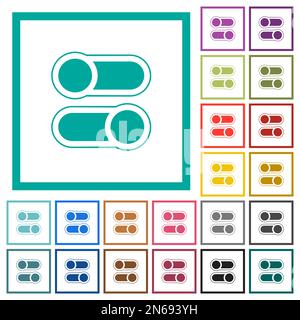Horizontal toggle switches alternate flat color icons with quadrant frames on white background Stock Vector
