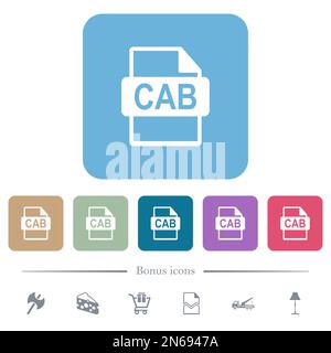 CAB file format white flat icons on color rounded square backgrounds. 6 bonus icons included Stock Vector