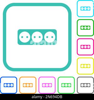 Electrical outlet with three sockets solid vivid colored flat icons in curved borders on white background Stock Vector