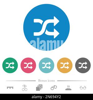 shuffle solid flat white icons on round color backgrounds. 6 bonus icons included. Stock Vector