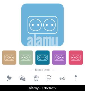 Electrical outlet with two sockets outline white flat icons on color rounded square backgrounds. 6 bonus icons included Stock Vector