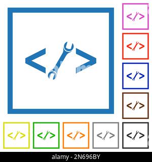 Web development with wrench flat color icons in square frames on white background Stock Vector
