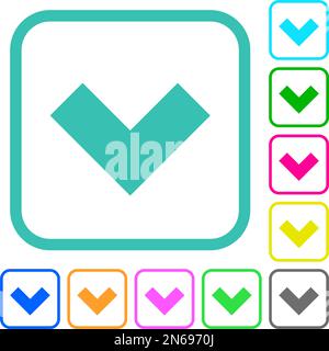 Bottom angle arrow solid vivid colored flat icons in curved borders on white background Stock Vector