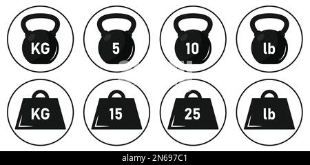 Weight kilogram icons set. Kg lb. symbol. Scale measuring heavy isolated on white background. Dumbbells weights for exercise or balance measure. Stock Vector