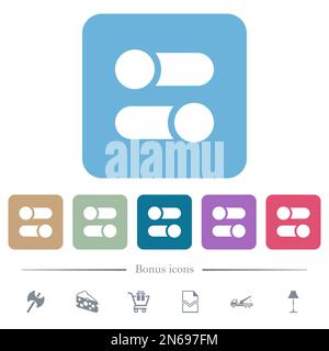 Horizontal toggle switches solid white flat icons on color rounded square backgrounds. 6 bonus icons included Stock Vector