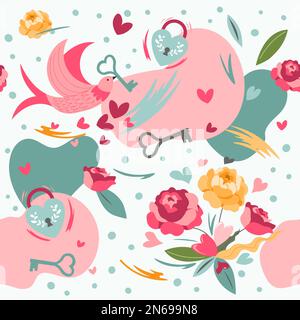 Valentines and anniversary love presents and gifts for partner. Bird flying carrying key to lock, blooming roses in bouquet. Seamless pattern, wallpap Stock Vector