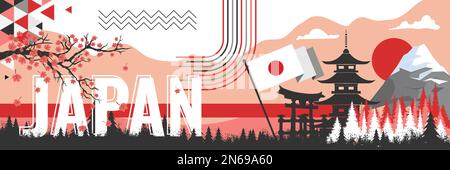 Japan flag banner with red white winter landscape theme in background. National foundation day design with Japanese tree landmarks illustration. Stock Vector