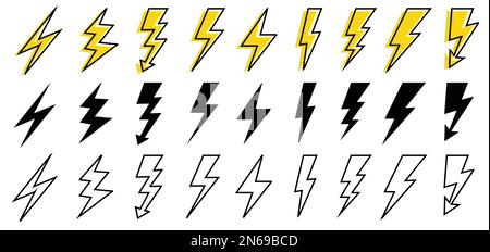 Lightning bolt icons set. Thunderbolt in flat style. Outline graphic elements vector. Black outlined and yellow colored icon sets. Power voltage sign. Stock Vector