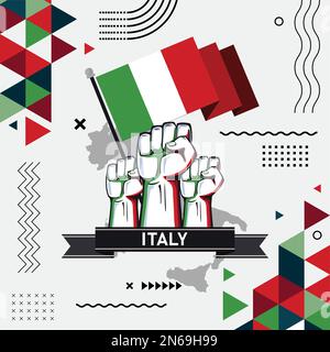 Italia national day banner design. Italian flag and map theme with raised fists. Abstract geometric retro shapes of red and green color. Italy Vector. Stock Vector