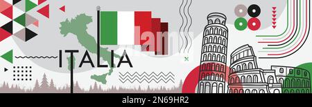 Italia national day banner design. Italian flag and map theme with Italy Rome landmark background. Abstract geometric retro shapes of red green color. Stock Vector