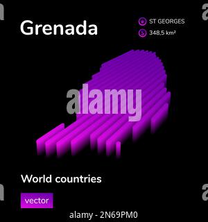 Grenada 3D map. Stylized neon simple digital isometric striped vector Grenada map is in violet colors on black background Stock Vector