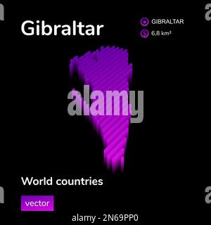 Gibraltar 3D map. Stylized neon simple digital isometric striped vector Map of Gibraltar in violet and pink colors on the black background Stock Vector