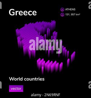 Greece 3D map. Stylized neon digital isometric striped vector Map of Greece in violet and pink colors on the black background Stock Vector