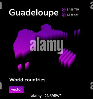 Guadeloupe 3D map. Stylized neon simple digital isometric striped vector Map of Guadeloupe is in violet colors on black background Stock Vector