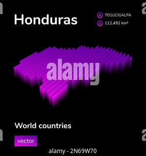 Honduras 3D map. Striped isometric neon vector Honduras map in violet colors. Geographic infographic map, poster, banner, template. Stock Vector