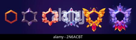 Fantasy hexagon frames of game avatars. Award ranking wooden, stone, bronze, silver and gold badges with laurel borders, gems, crown and red pennant, Stock Vector