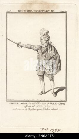 Mr John Palmer in the character of the Earl of Walwick in King Henry VI, Part 3. Palmer did not play the role. In plumed hat, cloak, doublet, breeches, holding a sword. John Palmer, popular English actor who performed at the Drury Lane Theatre, 1744-1798. Copperplate engraving by Charles Grignion after a portrait by Thomas Parkinson from John Bell's Edition of Shakespeare, London, January 4th, 1776. Stock Photo