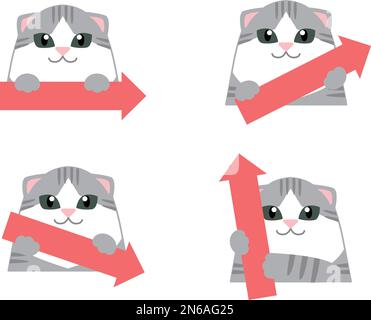 Arrow set pointing in 4 directions of a cute cat. Illustration of a cute animal holding an arrow. Stock Vector