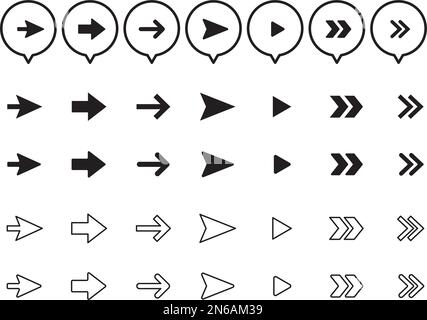 Various kinds of simple monochrome arrow icon set. Arrows in speech bubbles and line arrows. Stock Vector