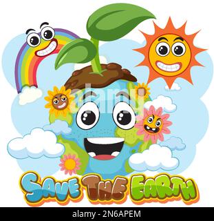 Save the earth text with a happy earth character illustration Stock ...