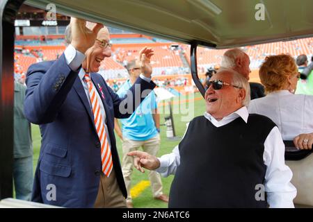 Miami Dolphins coach Don Shula is congratulated at the finish of the  perfect season on Dec. 16, 1972 against the Baltimore Colts. (Photo by  Miami Herald file photo/TNS/Sipa USA Stock Photo 