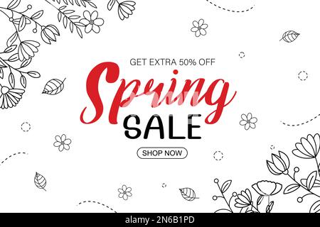 Spring sale banner with leaf and flower hand drawn on white background. Poster sale up to 50% off. Stock Vector