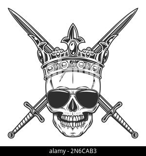 Skull in sunglasses royal imperial crown king with crossed swords vintage isolated vector illustration Stock Vector