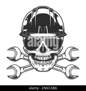 Vintage monochrome skull in sunglasses and builder helmet with crossed wrenches isolated vector illustration Stock Vector