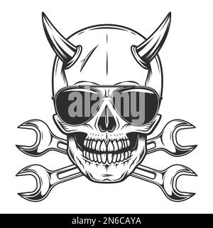 Skull in sunglasses with horns with body shop service car and truck mechanic repair tool crossed wrench or construction builder spanner illustration Stock Photo