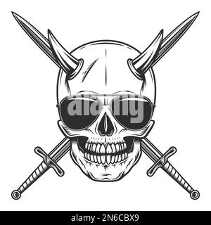 Skull with horns in vintage monochrome style illustration Stock Photo ...