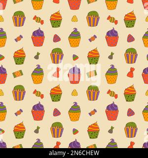 Cute halloween cupcakes seamless pattern. Halloween elements. Trick or treat concept Stock Vector