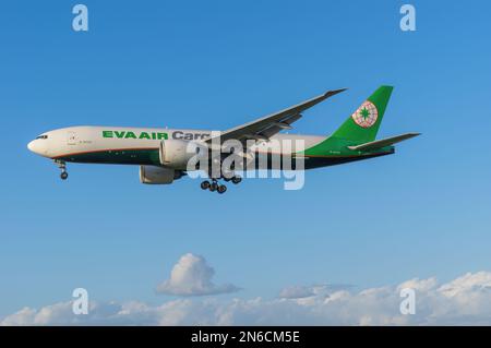 EVA Air Cargo Boeing 777F jet with registration B-16783 shown approaching LAX, Los Angeles International Airport. Stock Photo